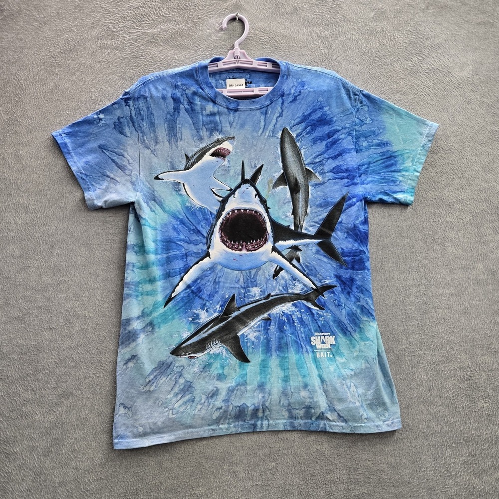 Bait x Discovery Men Shirt MEDIUM Blue Tie Dye Shark Week Short Sleeve Logo